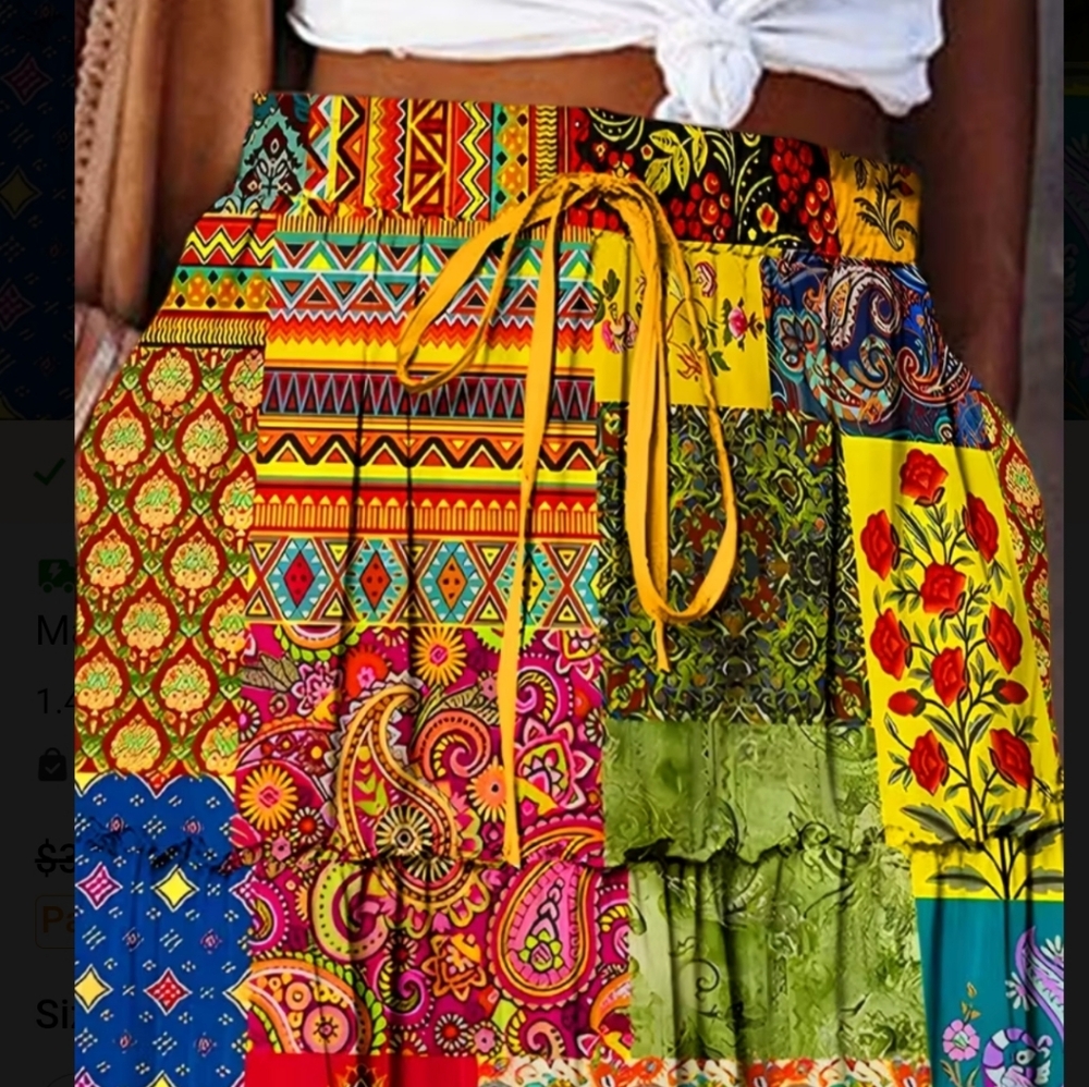 Long Maxi Skirt Medium Colorful Patchwork Print Bohemian Style Skirts Outfit - Picture 5 of 7